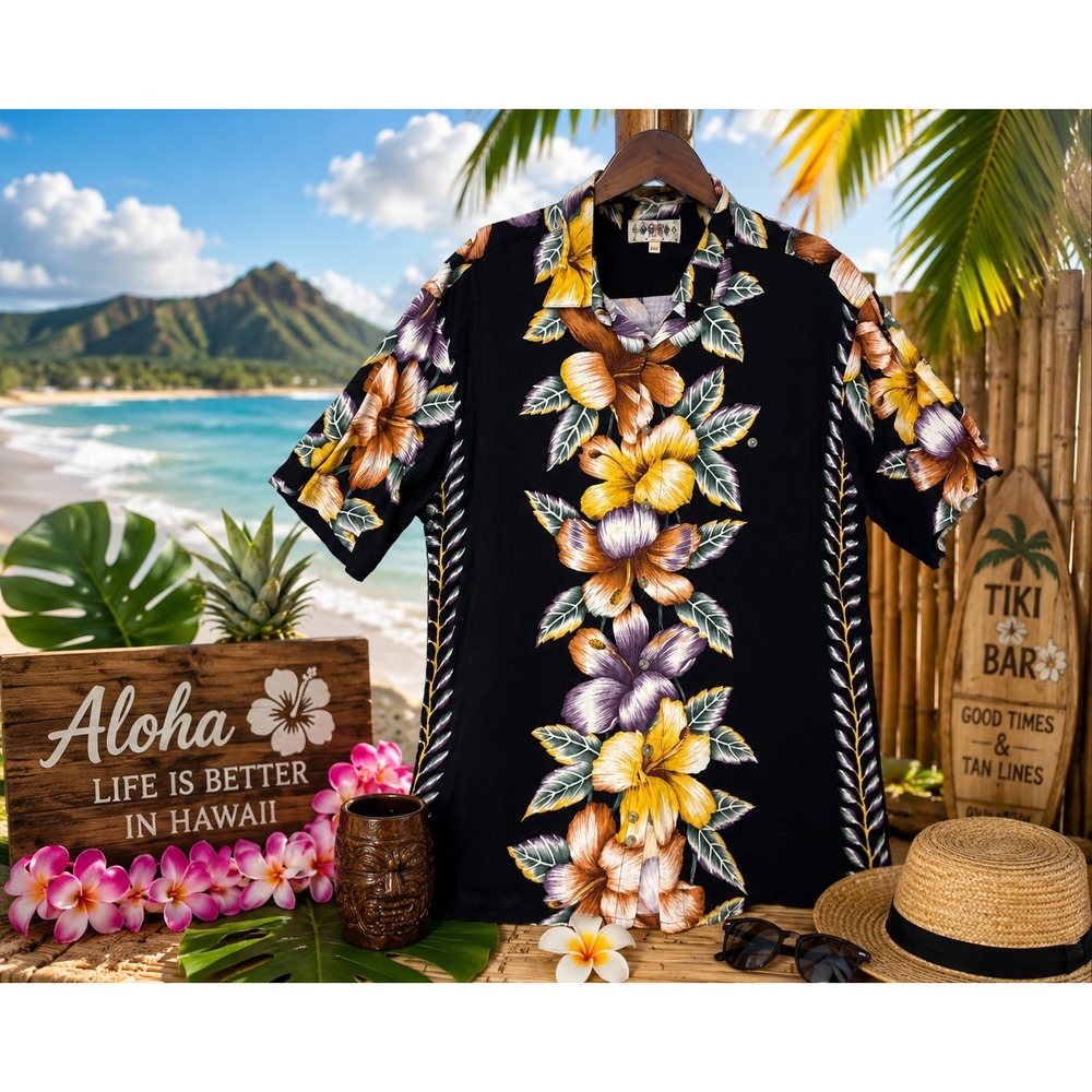 Cambra Hawaiian Aloha Camp Shirt Mens Medium Black Tropical Floral Short Sleeve